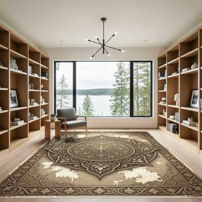 Elegant Sepia Ornate Floral Mandala Rug