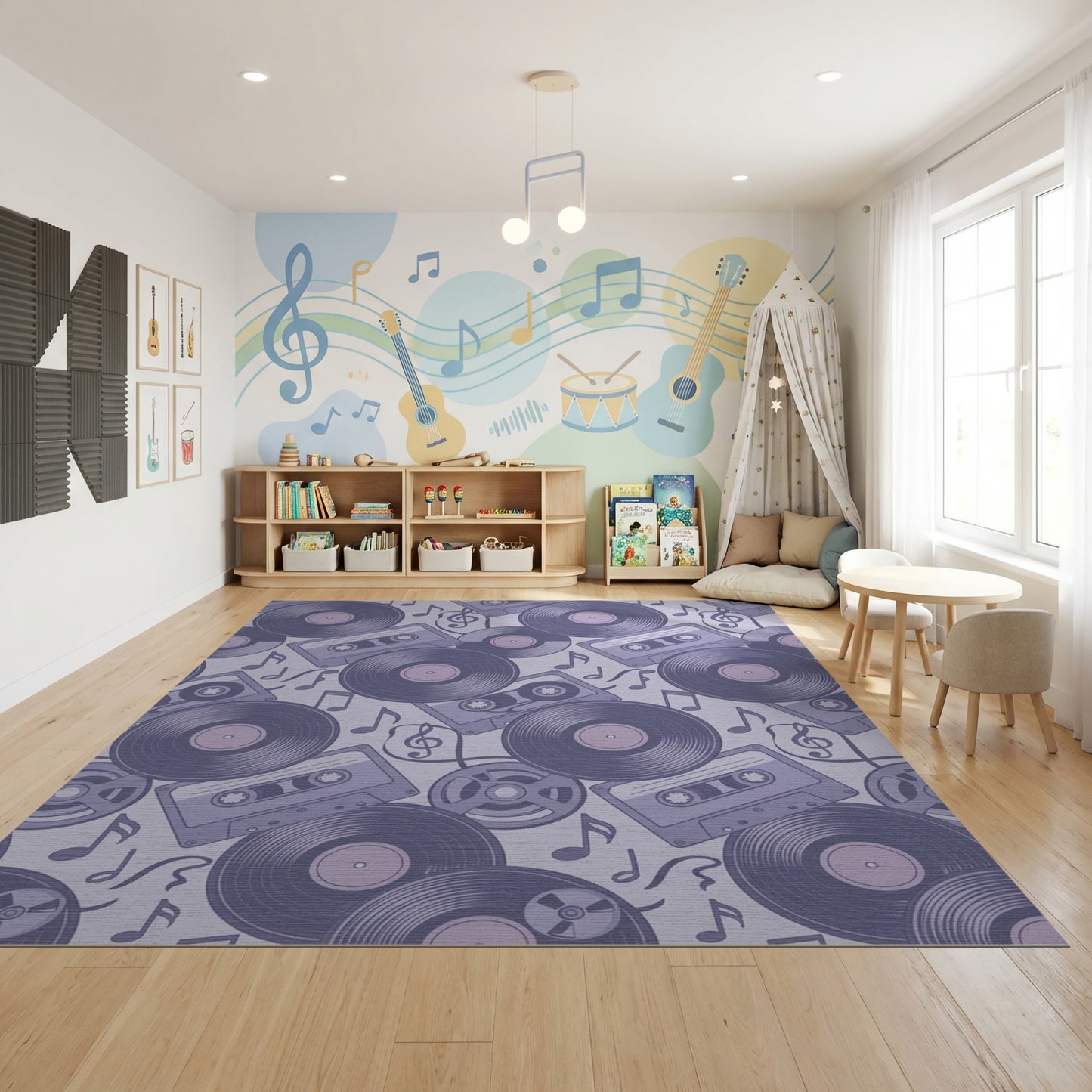 Retro Purple Vinyl Records Cassettes Rug