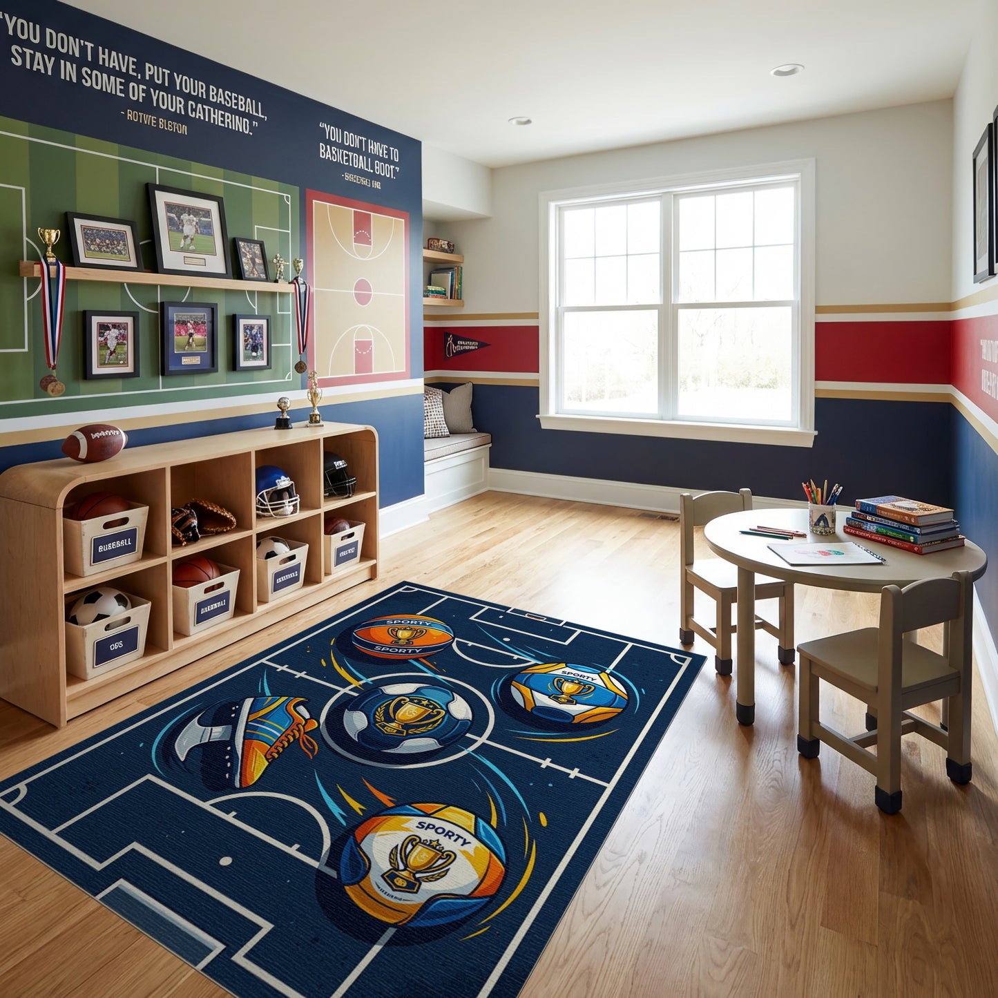 Dynamic Sports Balls Sneakers Trophies Rug