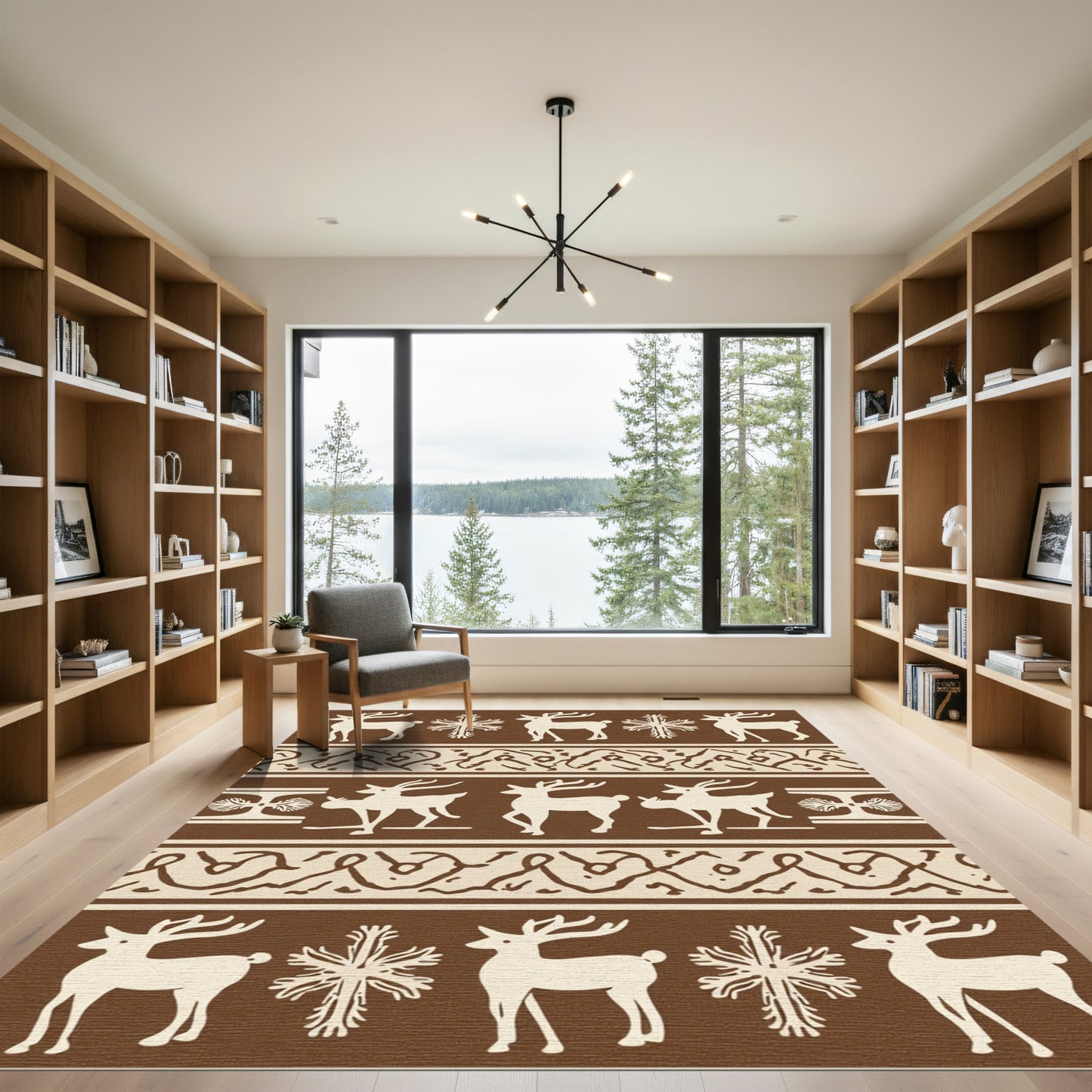 Neutral Reindeer Snowflake Geometric Stripes Rug