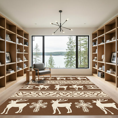 Neutral Reindeer Snowflake Geometric Stripes Rug