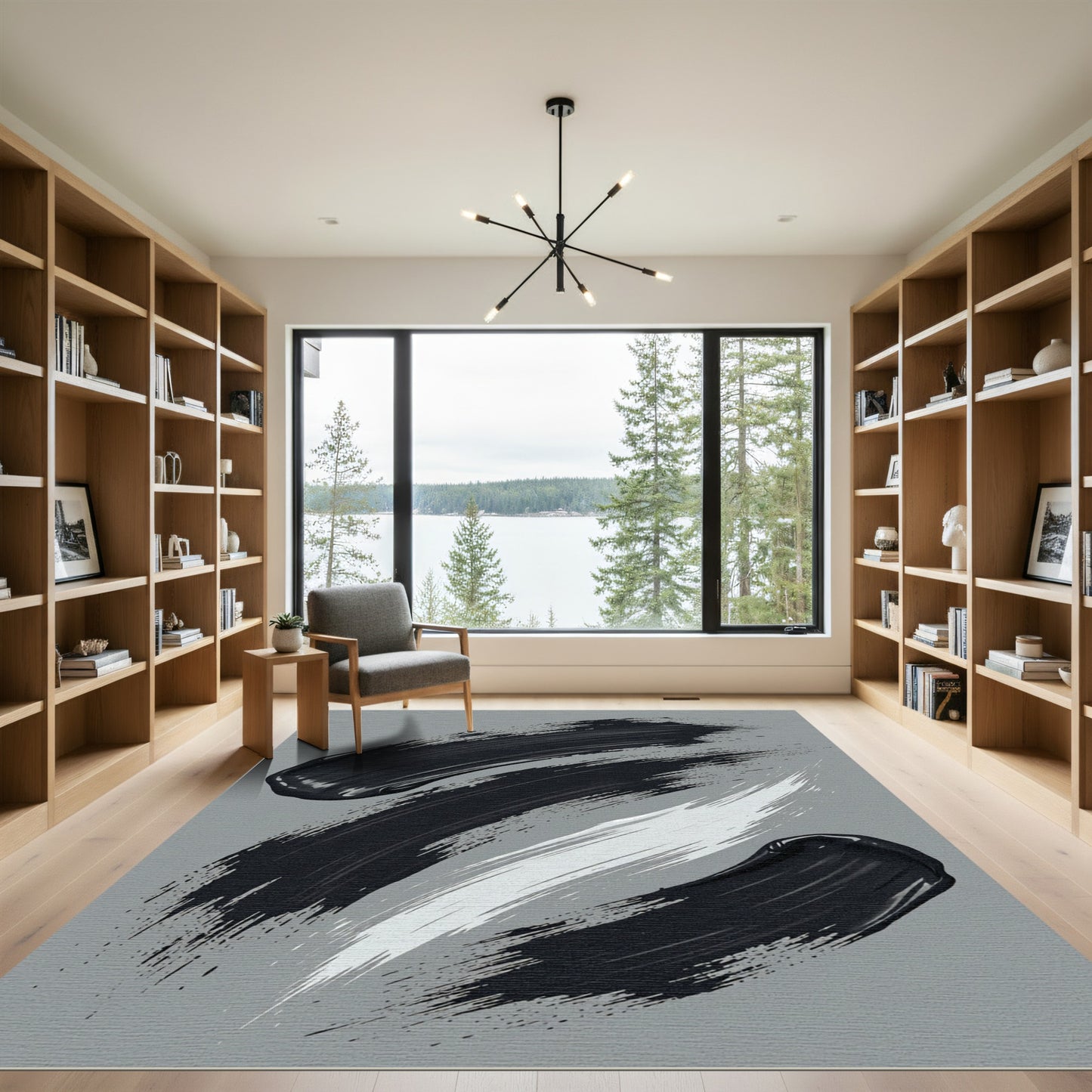 Bold Black White Swirl Strokes Rug