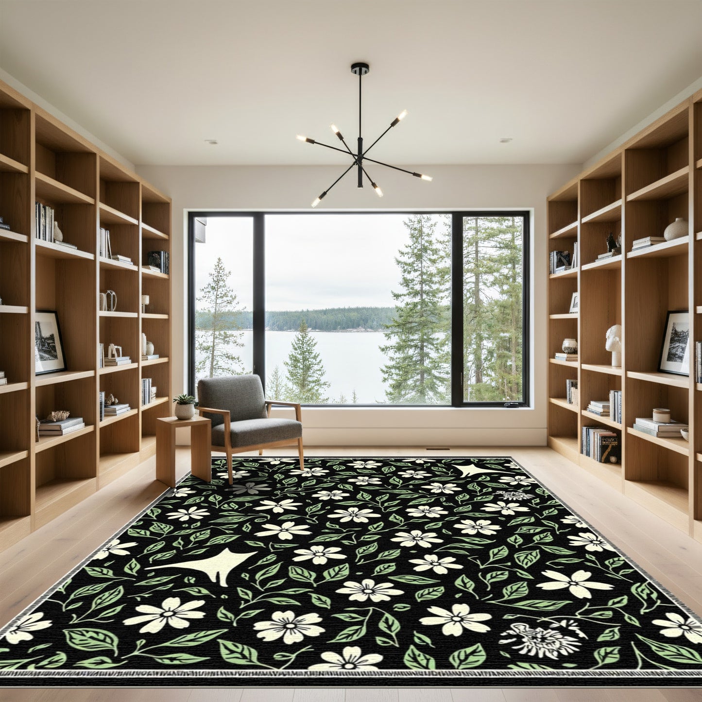 Cream Floral Whimsical Cat Black Rug