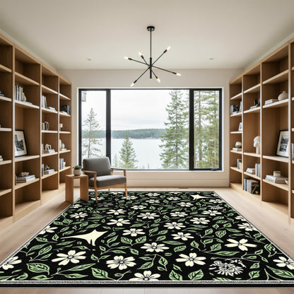 Cream Floral Whimsical Cat Black Rug