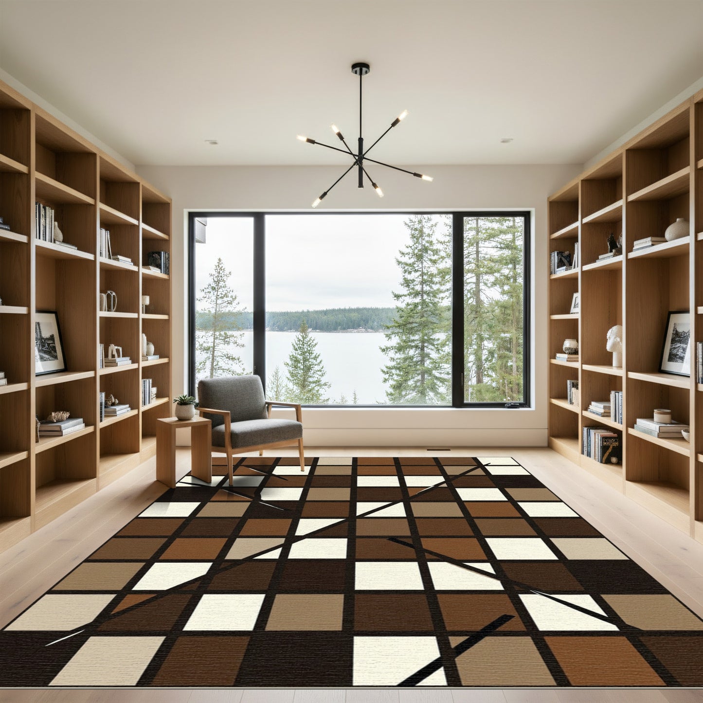 Modern Brown Abstract Geometric Grid Rug
