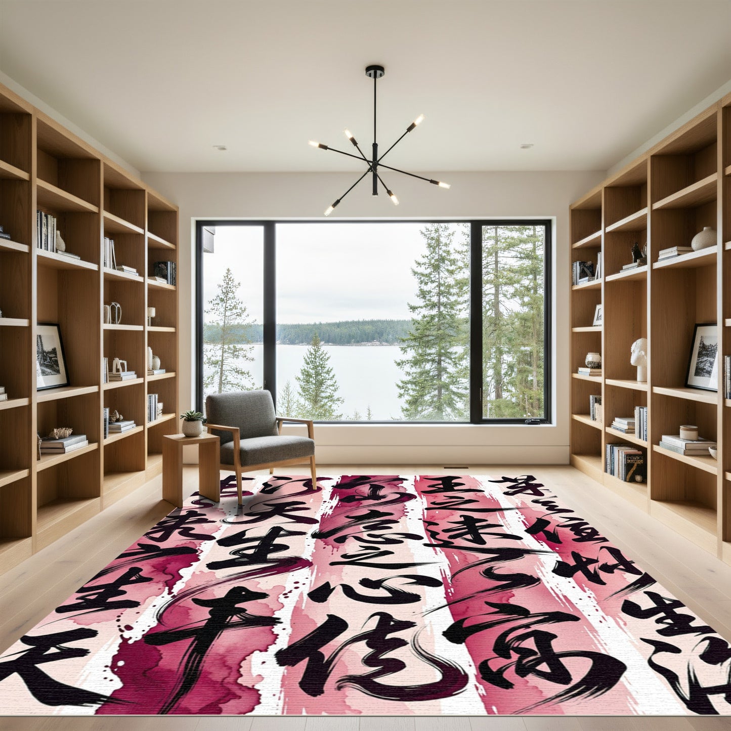 Bold Black Calligraphy Red Wash Rug