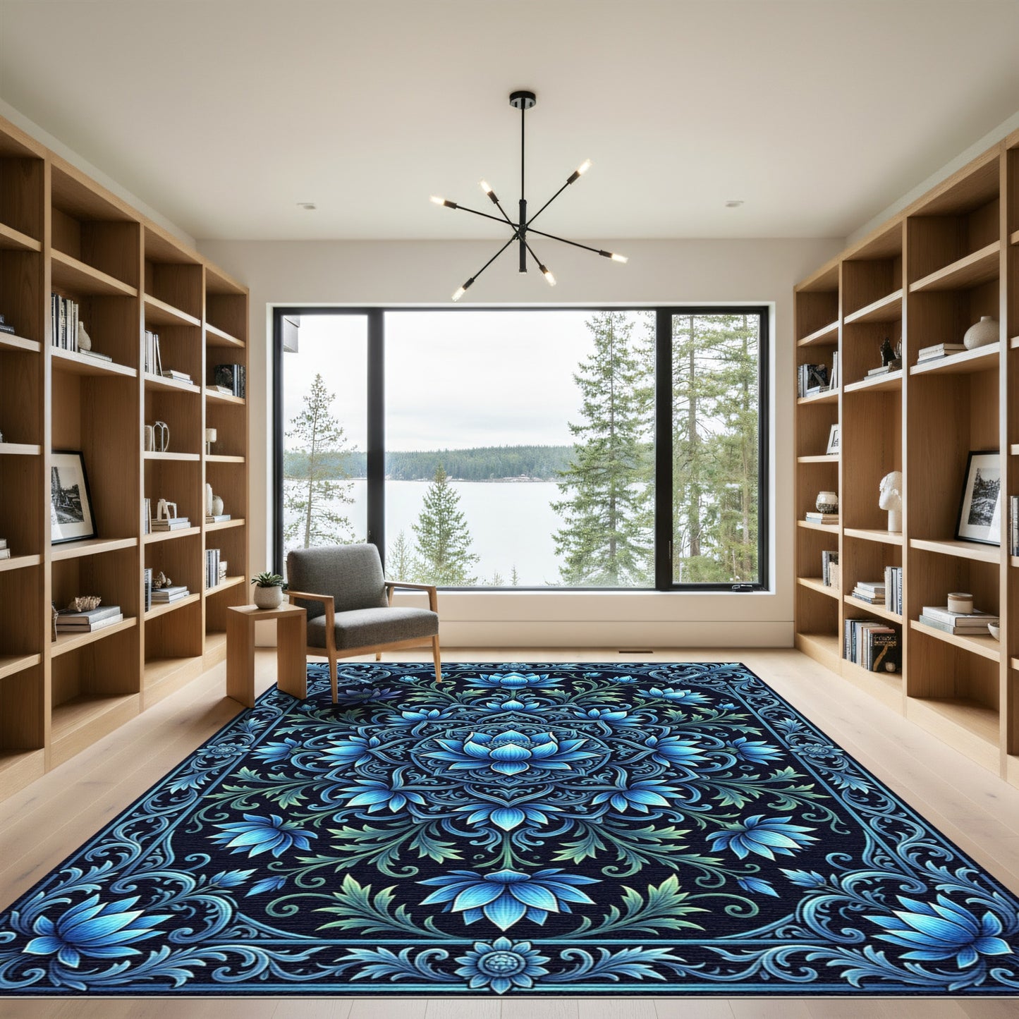 Midnight Blue Lotus Mandala Border Rug