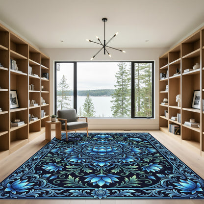 Midnight Blue Lotus Mandala Border Rug