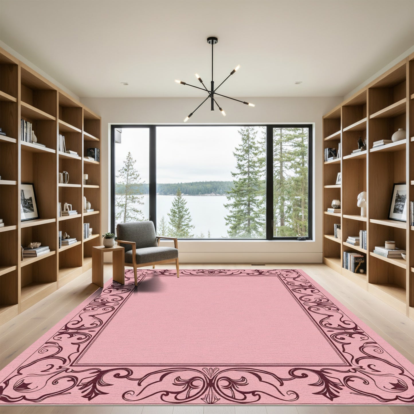 Elegant Crimson Floral Scrollwork Border Rug