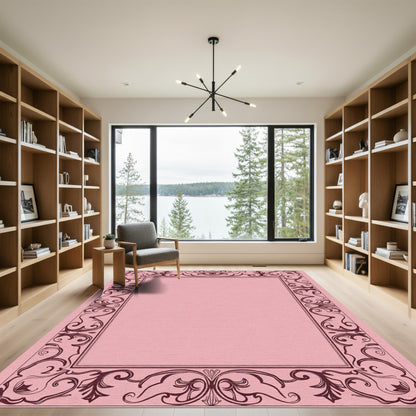 Elegant Crimson Floral Scrollwork Border Rug