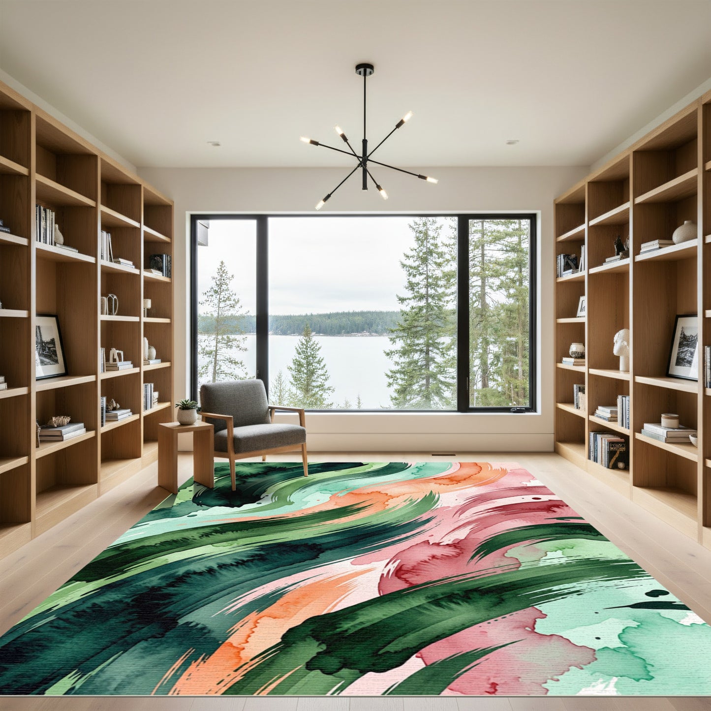 Abstract Green and Peach Watercolor Swirl Rug