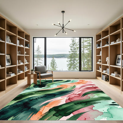 Abstract Green and Peach Watercolor Swirl Rug
