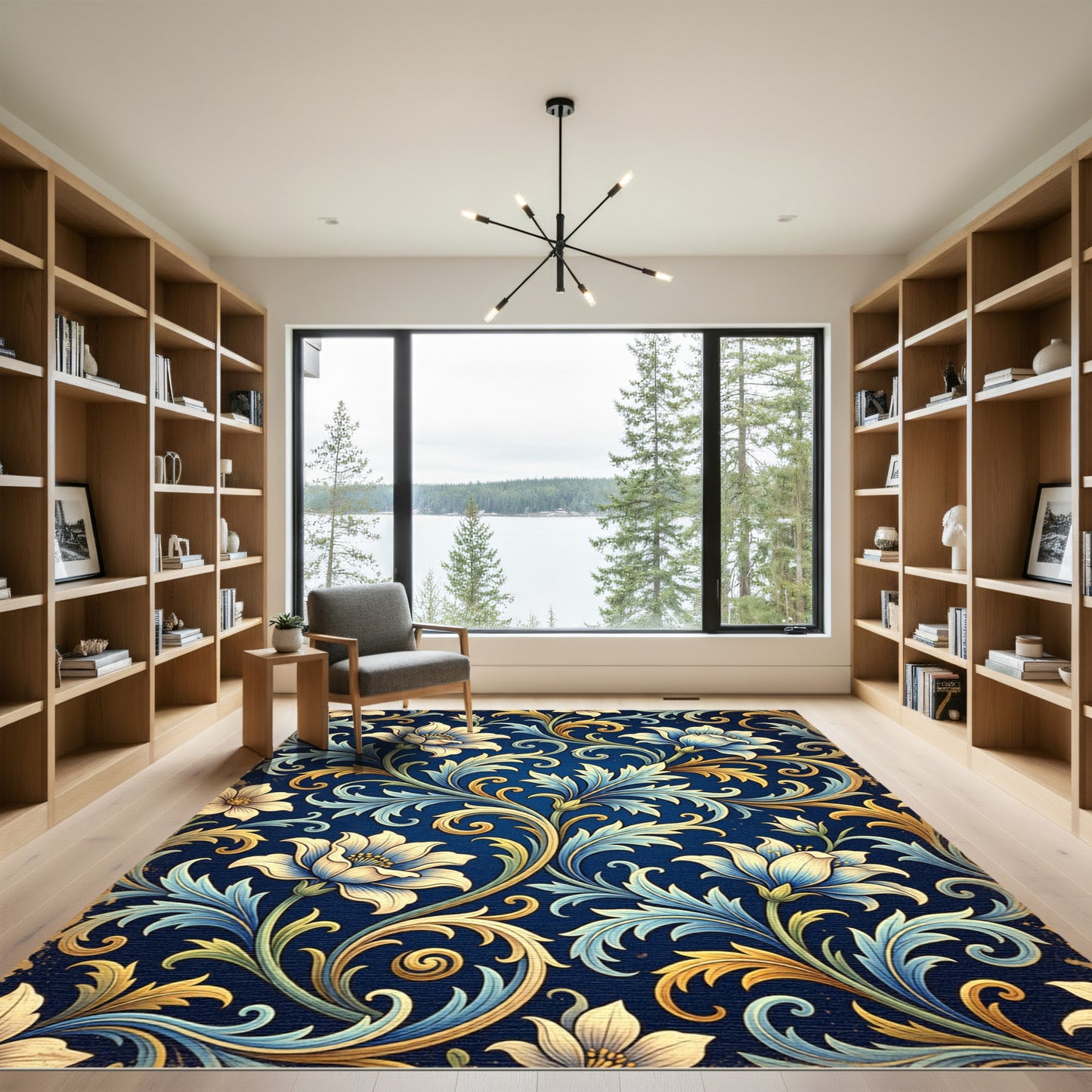 Elegant Gold and Blue Floral Scroll Rug