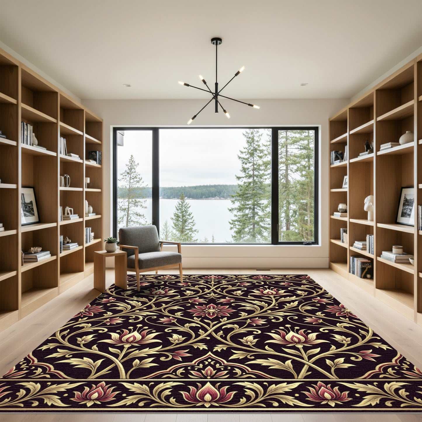 Regal Crimson Gold Floral Swirls Rug