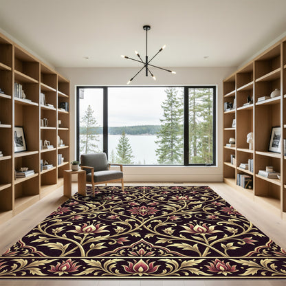 Regal Crimson Gold Floral Swirls Rug