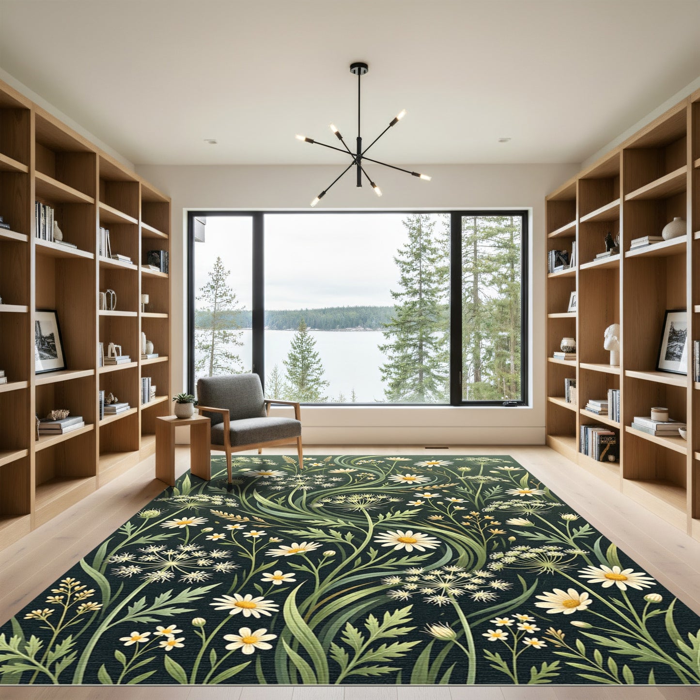 Meadow Daisy Wildflower Botanical Forest Green Rug
