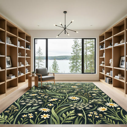 Meadow Daisy Wildflower Botanical Forest Green Rug