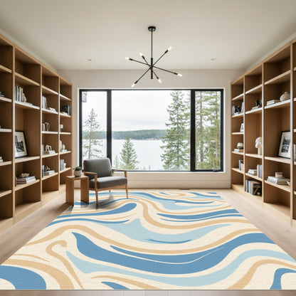Cream Blue Wavy Swirl Art Rug