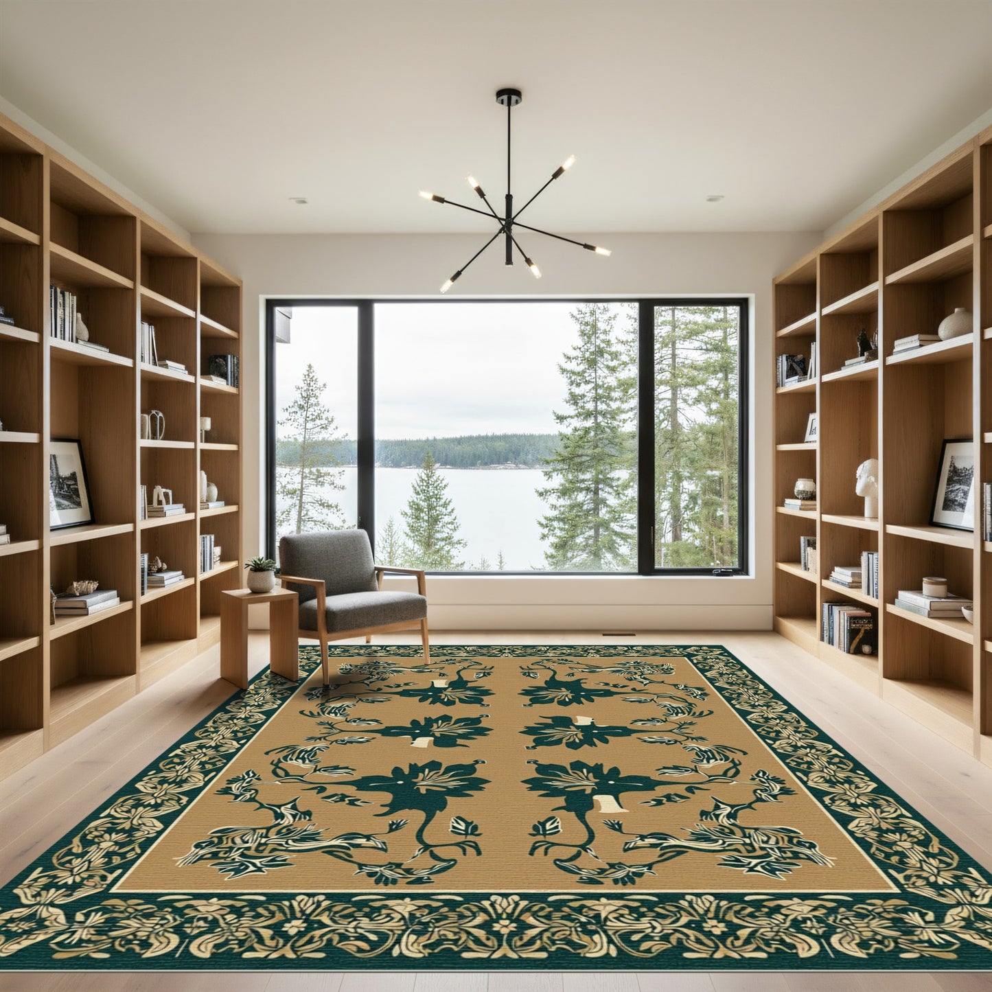 Teal Golden Floral Botanical Frame Rug