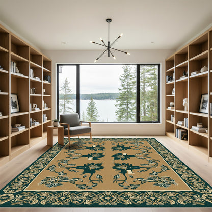 Teal Golden Floral Botanical Frame Rug