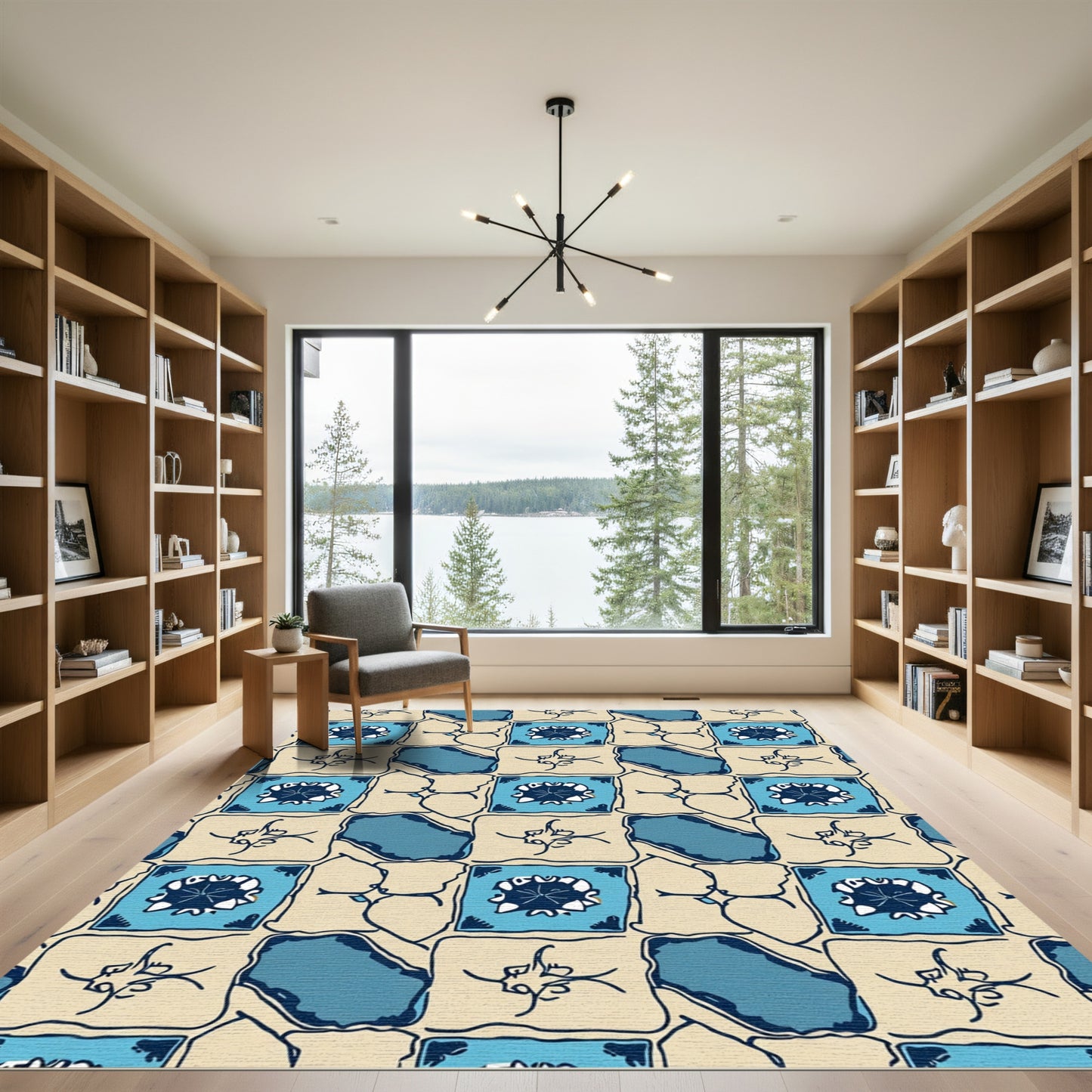 Tonal Blue Tile Inspired Geometric Rug