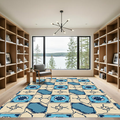 Tonal Blue Tile Inspired Geometric Rug
