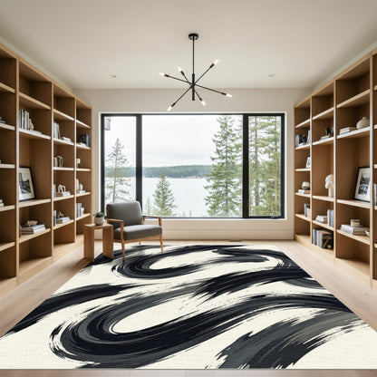 Bold Black Abstract Brush Strokes Rug
