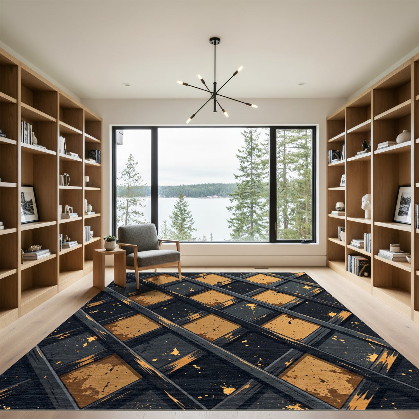 Golden Lattice Dark Slate Geometric Rug