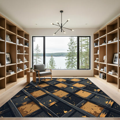 Golden Lattice Dark Slate Geometric Rug