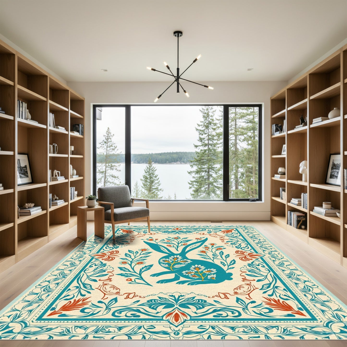 Teal Bunny Floral Border Embroidery Rug