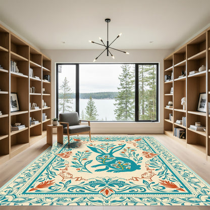 Teal Bunny Floral Border Embroidery Rug