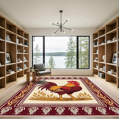 Rustic Crimson Rooster Wheat Border Rug