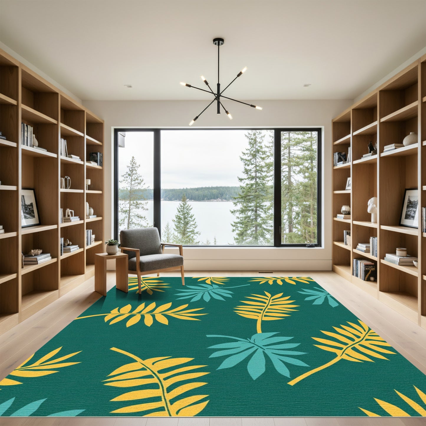 Yellow Teal Leafy Foliage Background Rug
