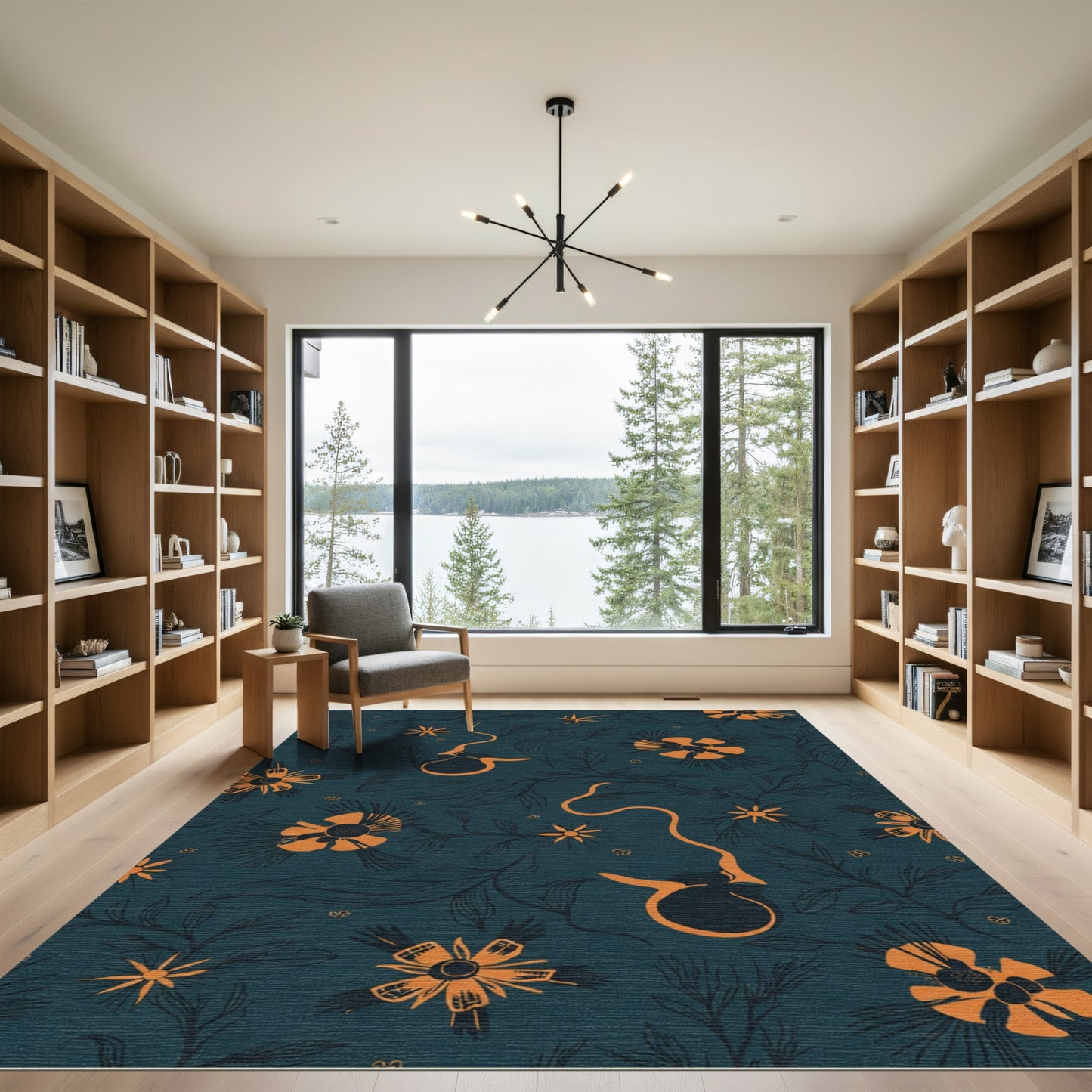 Orange Floral Vine Deep Teal Rug