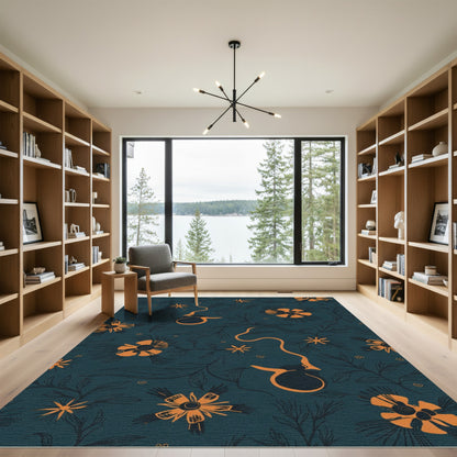 Orange Floral Vine Deep Teal Rug