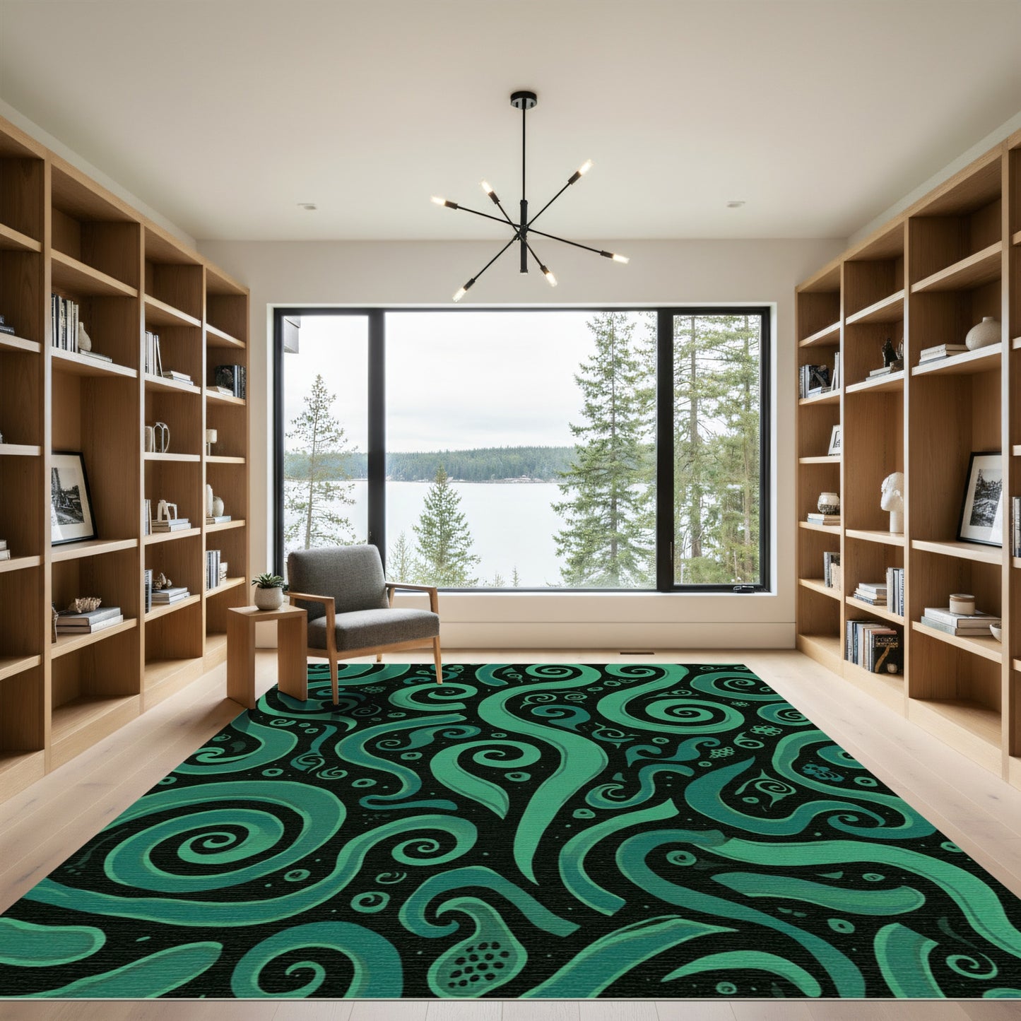 Deep Teal Swirls on Black Background Rug