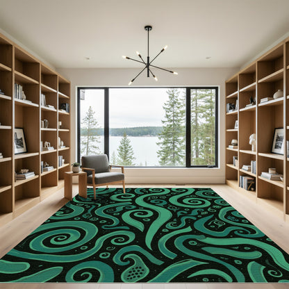Deep Teal Swirls on Black Background Rug