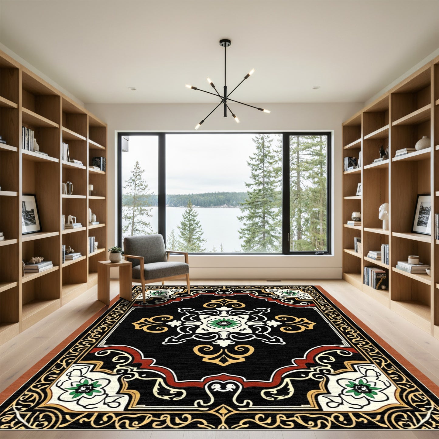 Elaborate Black Floral Medallion Border Rug