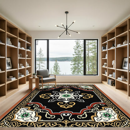 Elaborate Black Floral Medallion Border Rug