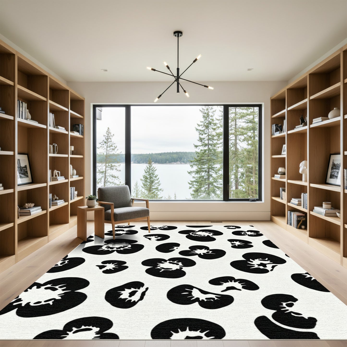 Abstract Black White Floral Scatter Rug