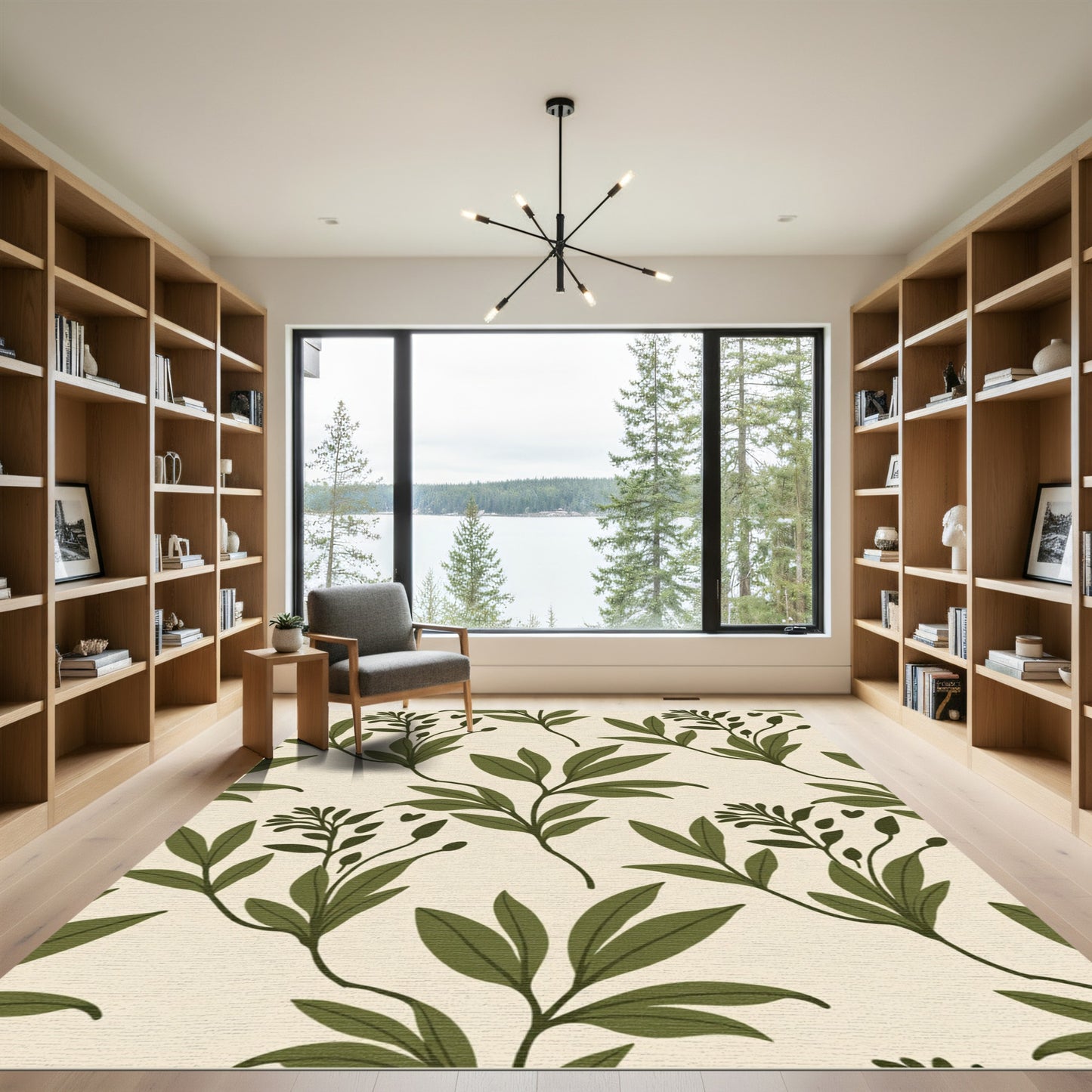 Olive Green Botanical Leaf Arrangement Rug