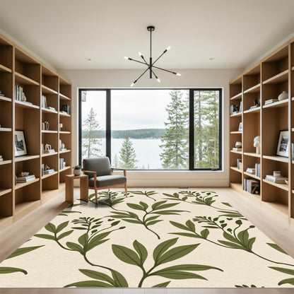 Olive Green Botanical Leaf Arrangement Rug