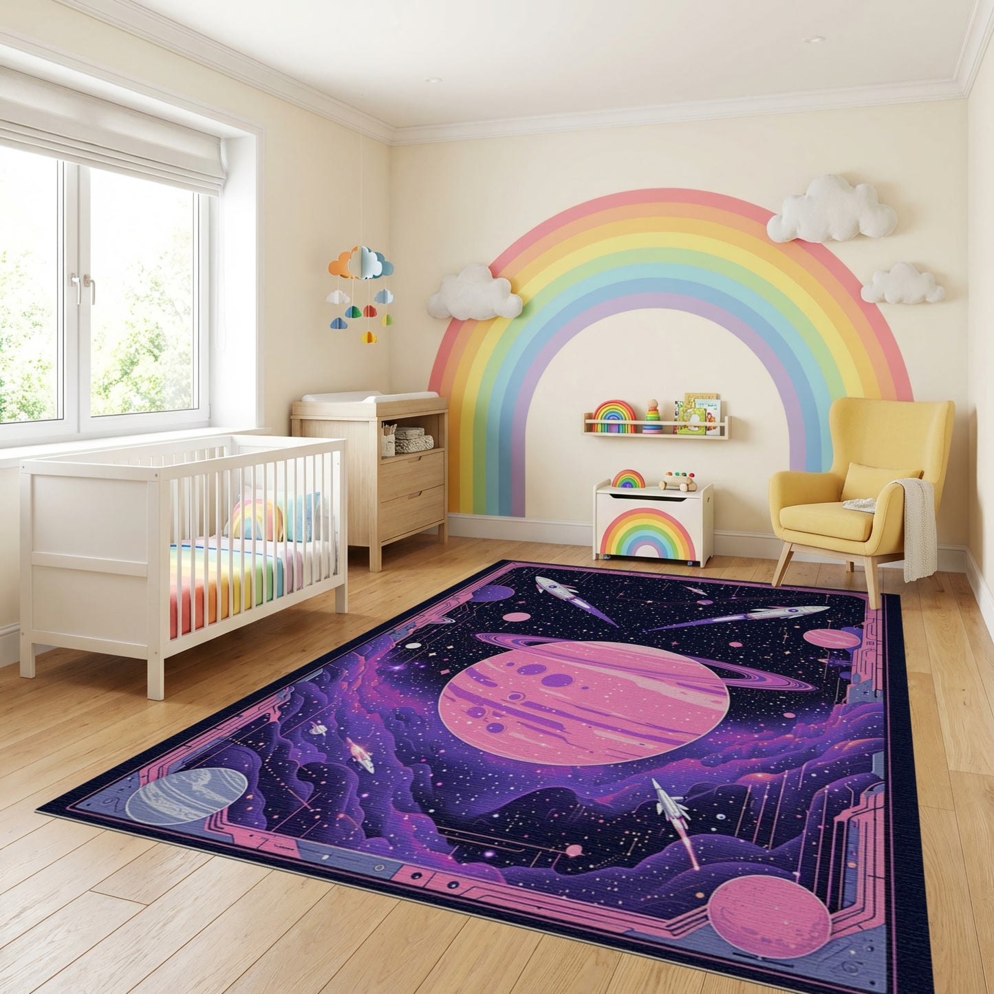 Pink Saturn Rockets Cosmic Nebula Rug