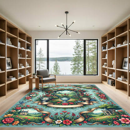 Romantic Garden Arch Red Floral Birds Rug