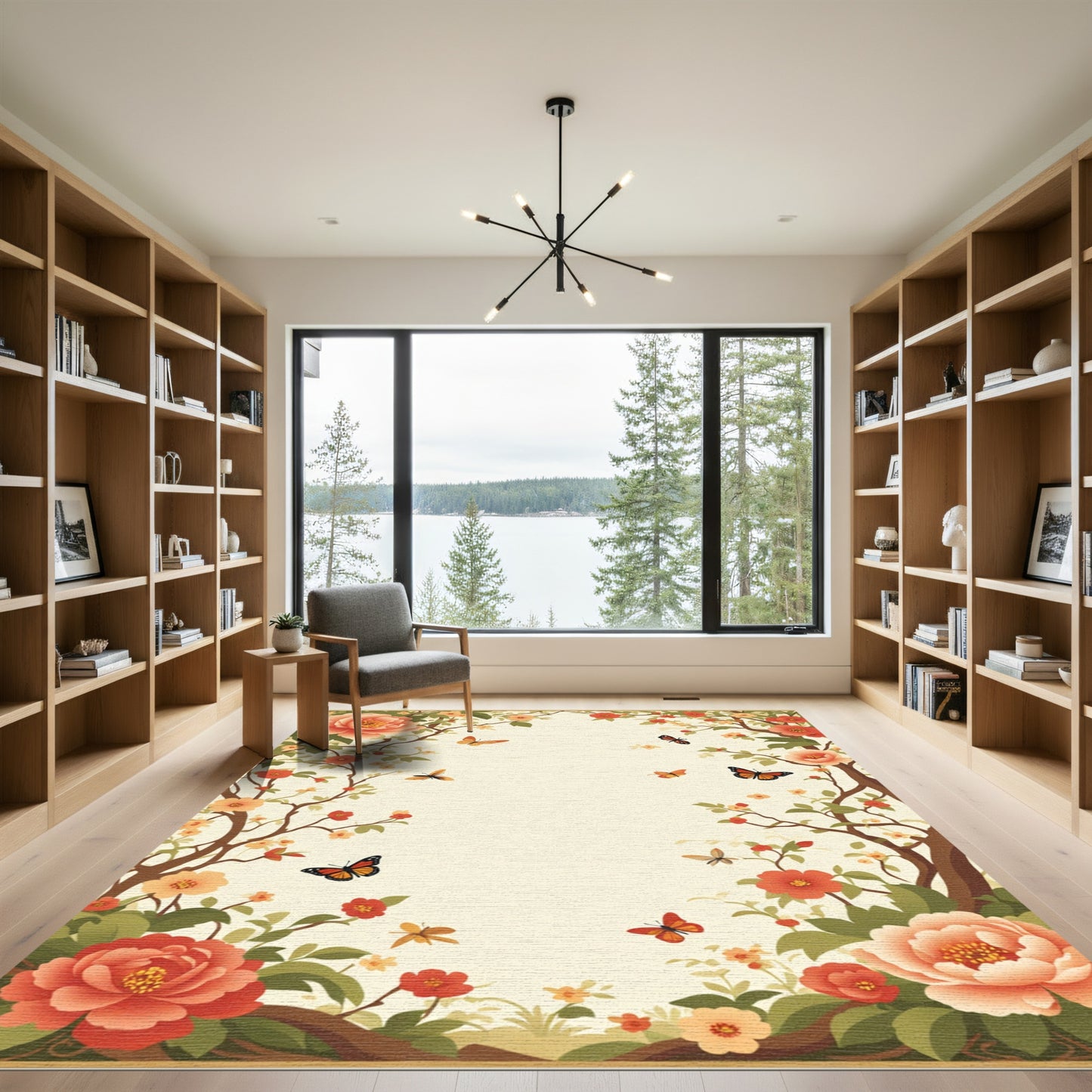 Coral Peony Butterfly Garden Branches Rug