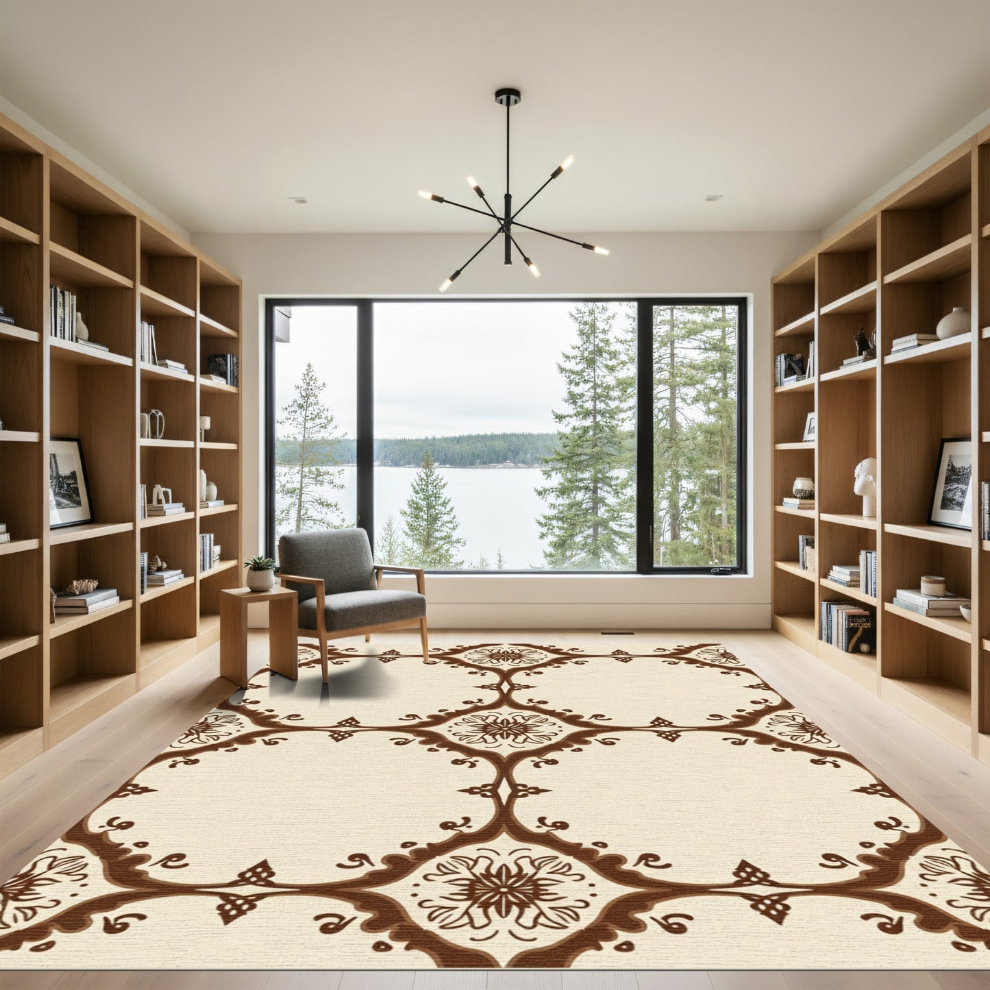 Brown Floral Medallion Beige Tile Rug