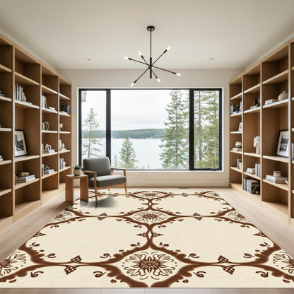 Brown Floral Medallion Beige Tile Rug