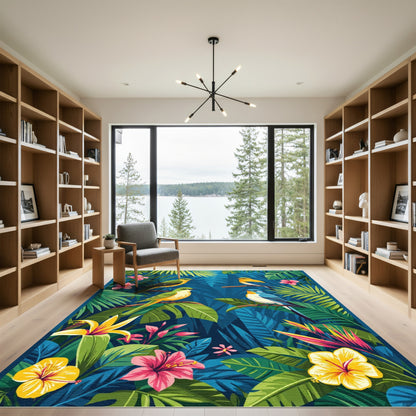 Tropical Birds Exotic Jungle Hibiscus Flowers Rug