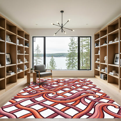 Abstract Terracotta Woven Swirl Wave Rug