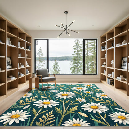 White Daisy Meadow on Teal Background Rug